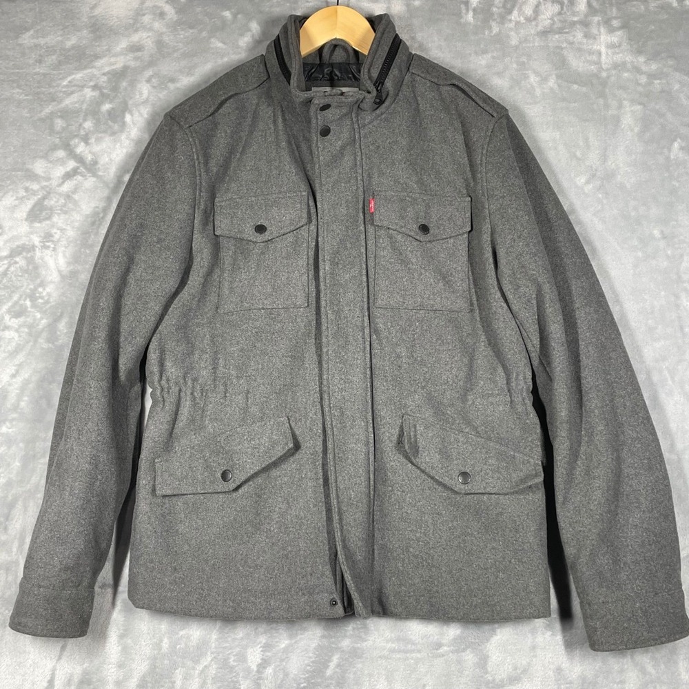 Levi Strauss Co Mens Wool Blend Field Utility Jacket Gray Lined Hood Size M